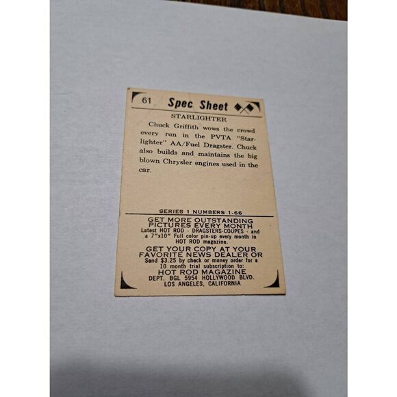 Vintage 1965 Hot Rod Magazine #61 Starlighter Chuck Griffith Trading Card - Picture 2 of 2